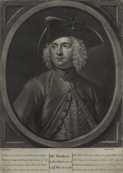 Mr. Walker in der Rolle des Captain Macheath, graviert von John Faber dem Jüngeren, 1728 von John Ellys